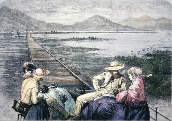 Inspektionsvogn på Pacific Railroad, ca. 1870 (farvet indgravering) af American School