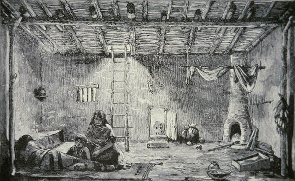 Interiør af et Pueblo-hus, ca. 1880 (gravering) af American School