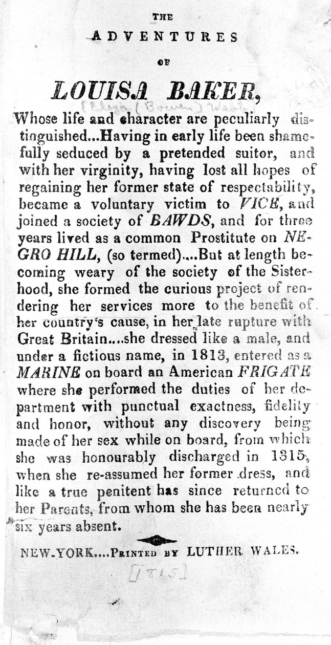 Introduktionsside til The Adventures of Louisa Baker trykt af Luther Wales, New York, 1815 af American School