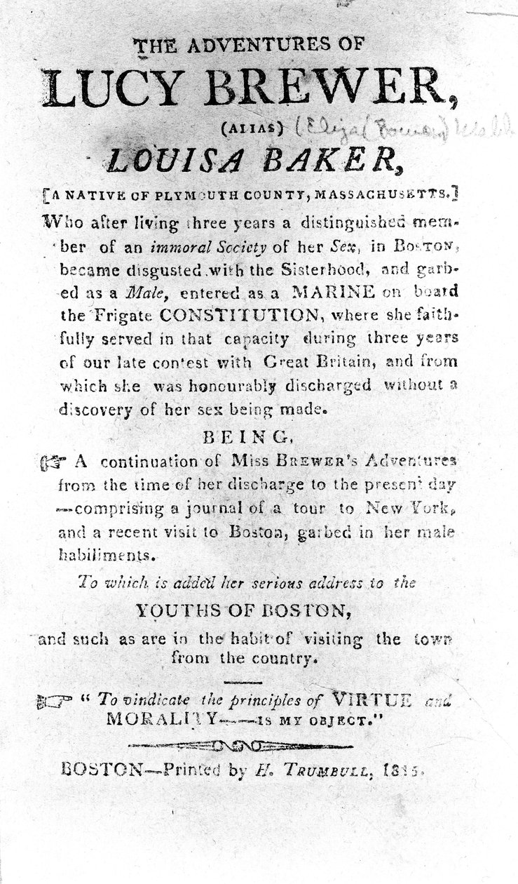 Introduktionsside til The Adventures of Lucy Brewer trykt af H. Trumbull, Boston, 1815 af American School