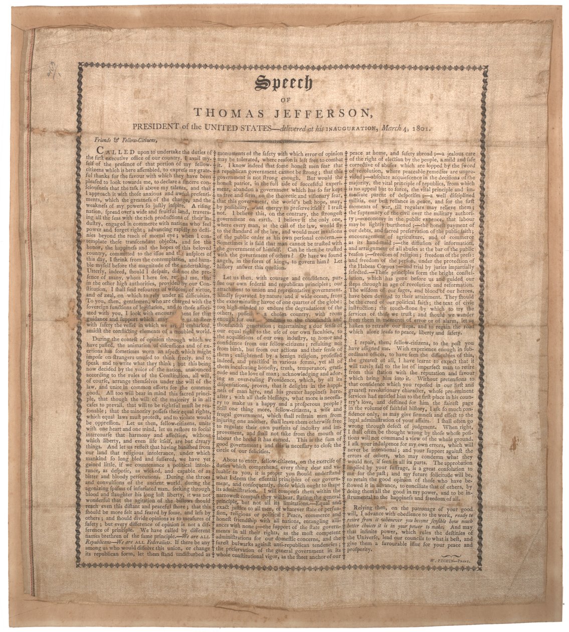 Jeffersons første tiltrædelsestale, trykt af Pechin, Baltimore, 4. marts 1801 (litho på silke) af American School