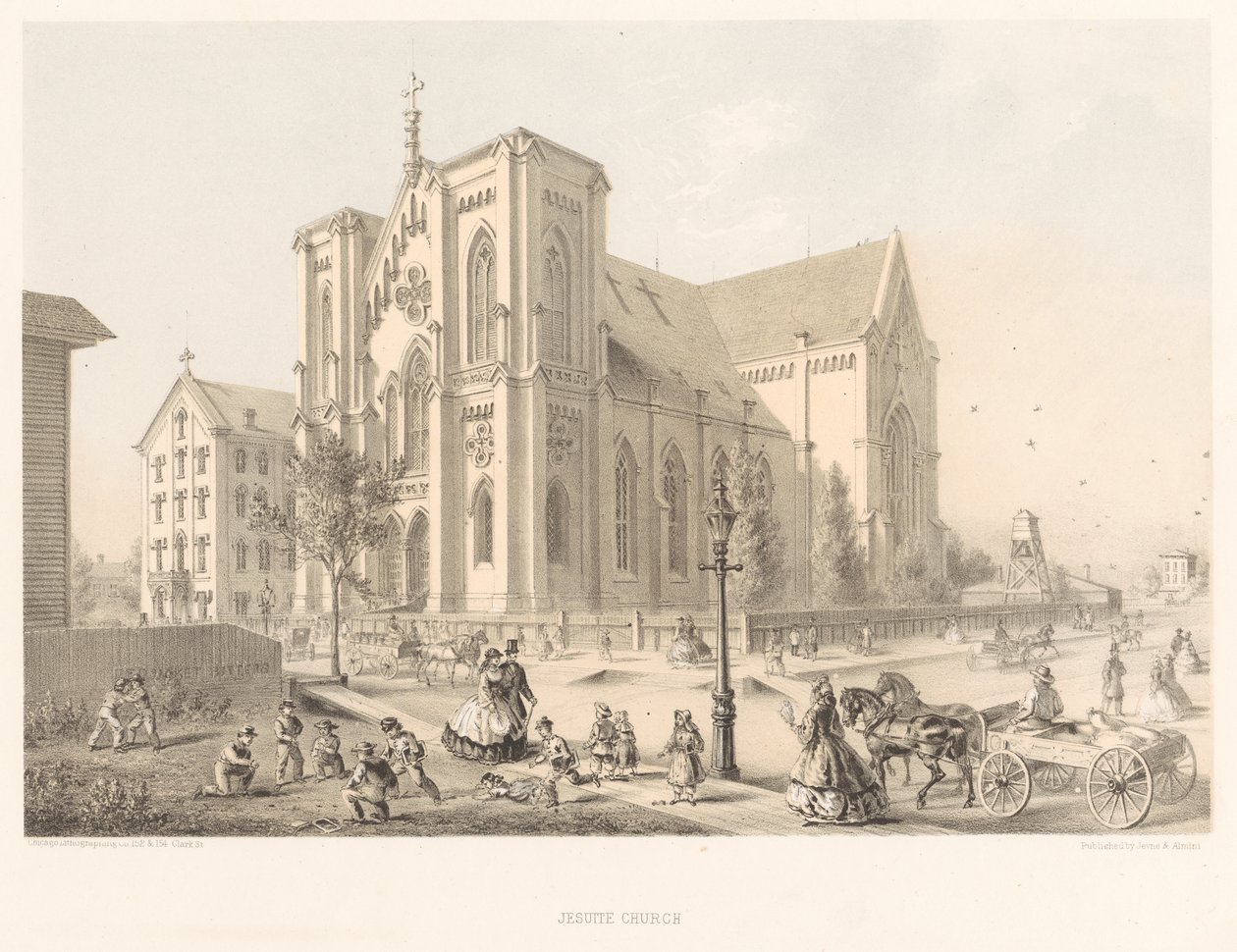 Jesuit Church, Church of the Holy Family, Chicago 1866 (litho) af American School