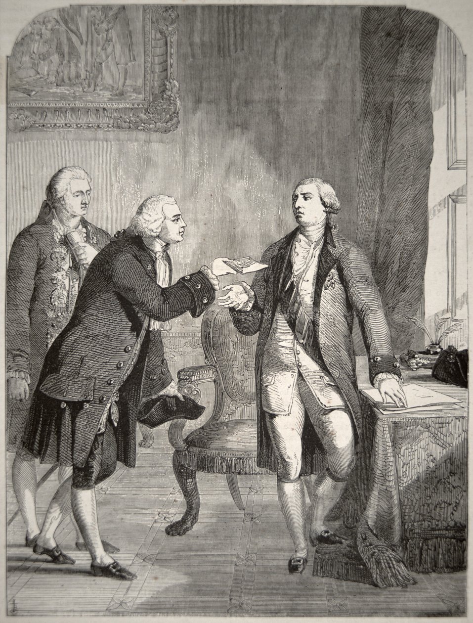 John Adams (1735-1826) som den første amerikanske ambassadør ved det engelske hof, der præsenterede sine akkreditiver til kong George III (1738-1820) (litografi) af American School
