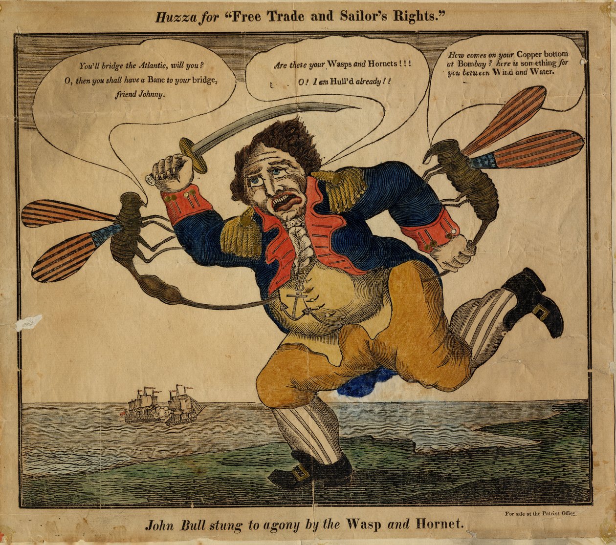 John Bull stukket til smerte af hvepsen og hornet, 1813 (håndfarvet reliefsnit) af American School