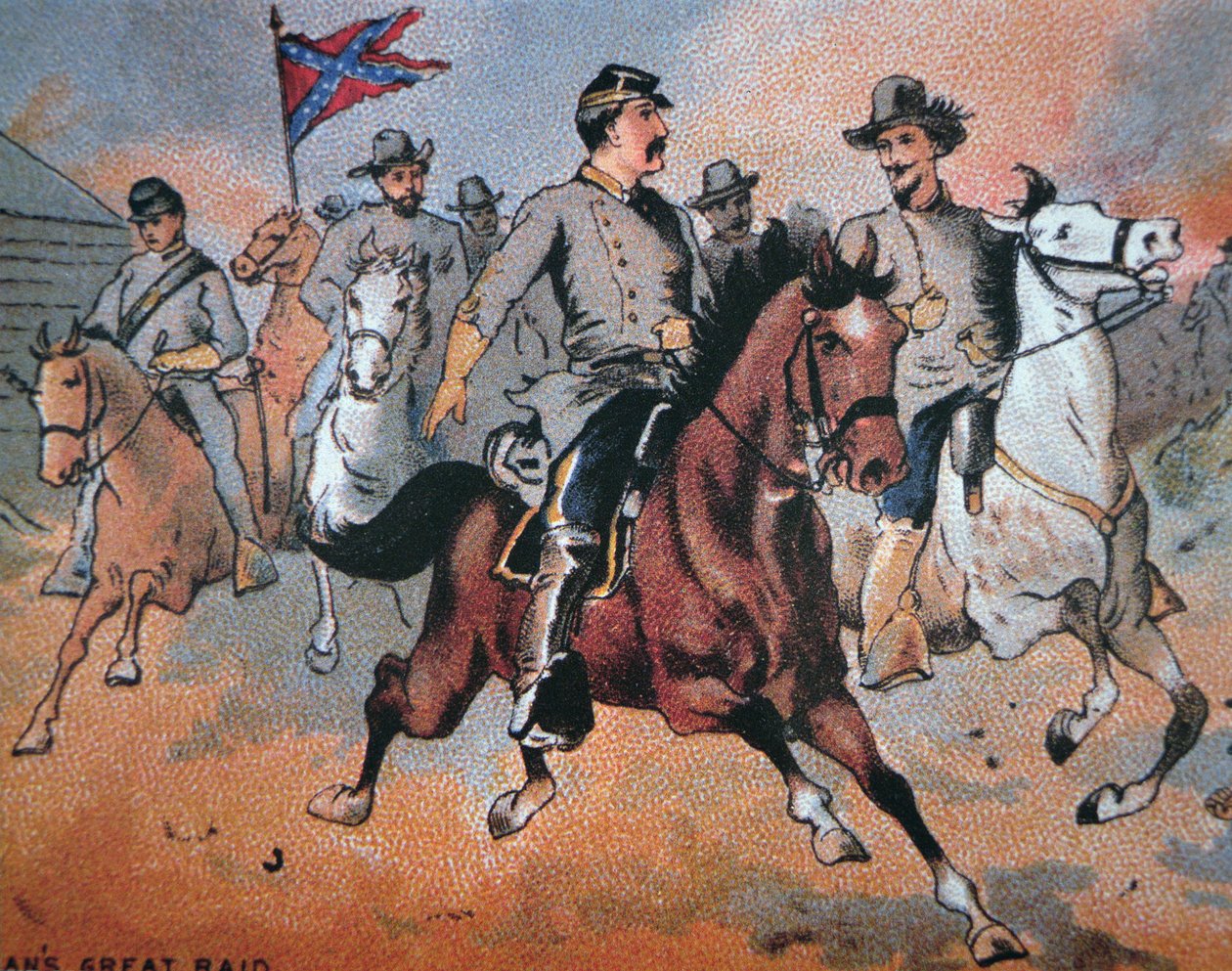 John Hunt Morgan (1825-64) og hans raid gennem Kentucky (farve litho) af American School