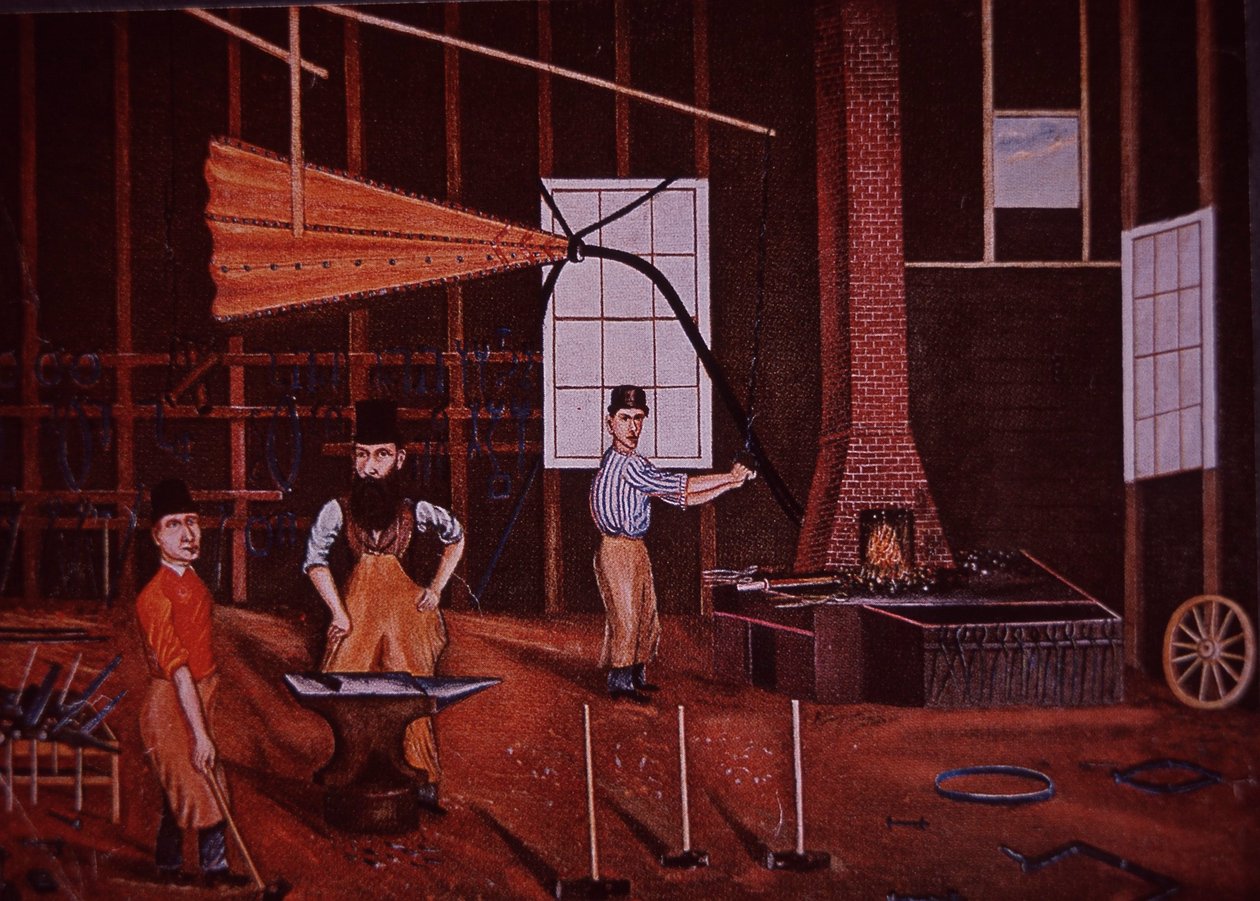 John Mohler Studebaker (i midten), tysk-amerikansk vognmager på værksted, ca. 1858 (farve litho) af American School