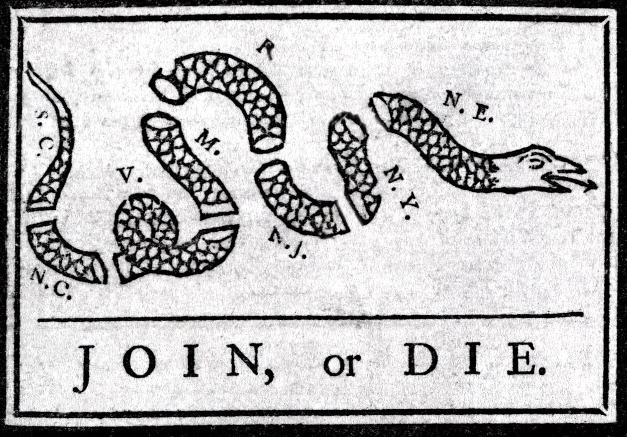Join or Die, tegning, betragter den første politiske tegneserie, offentliggjort i "Pennsylvania", Gazette af Benjamin Franklin i 1754. Den repræsenterer en slange opdelt i flere sektioner med legenden "" Join or Die"". Dette er en appel til det 13. amerika af American School