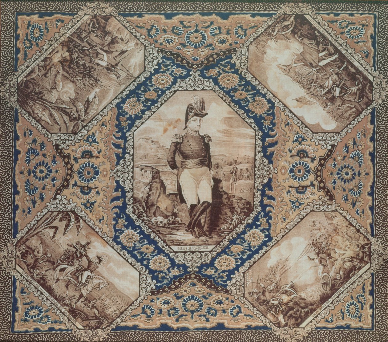 Hovedtørklæde med portræt af Zachary Taylor og slag i den mexicanske krig (1846-8), 1848 (bomuld) af American School