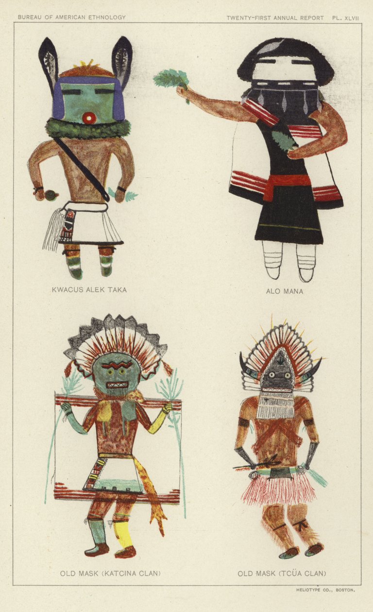 Kwacus Alek Taka, Alo Mana, gammel maske (Katcina-klanen), gammel maske (Tcua-klanen) (farvelitografi) af American School