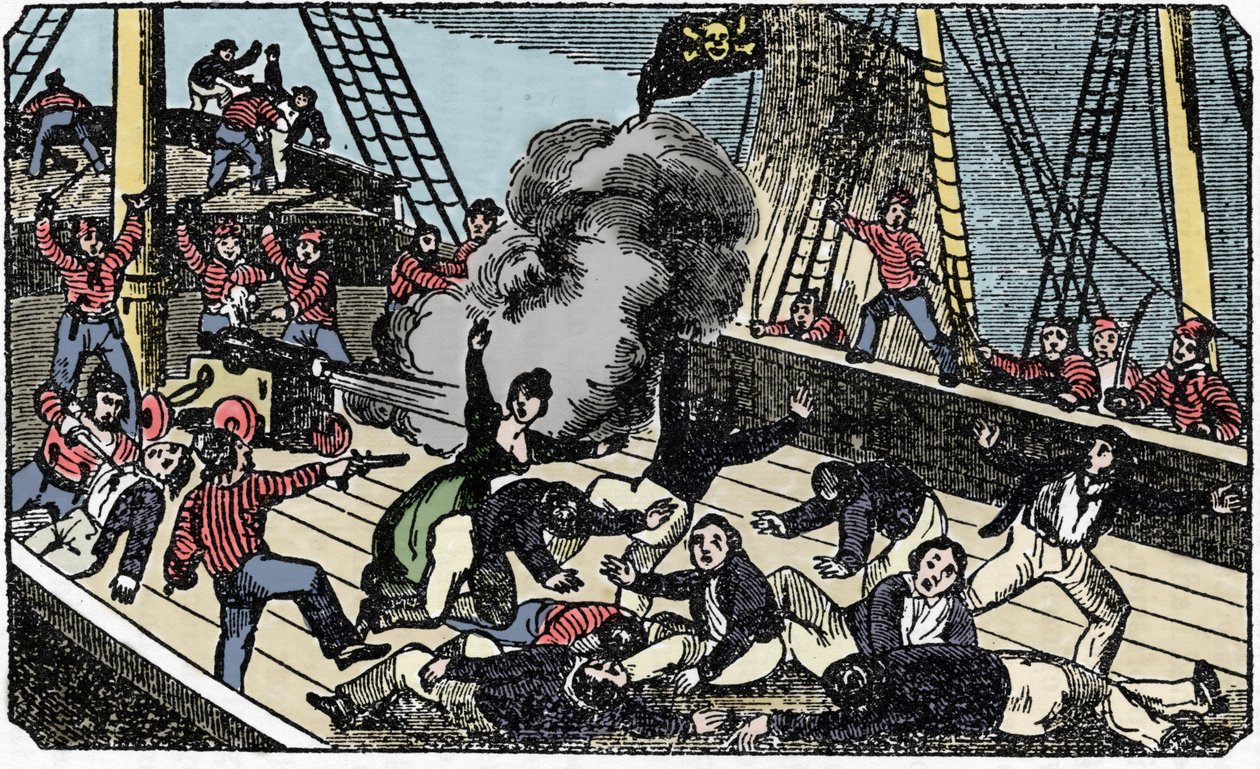Piratherren Jean Lafittes død (1780-1826), indgravering af "Piratens egen bog" 1837. af American School