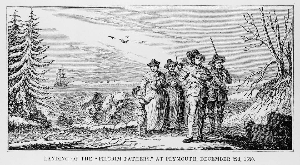 Pilgrimsfædrenes landing i Plymouth på Cape Cod, Massachusetts, 22. december 1620, trykt i History and Antiquity of New England, New York... 1842 af American School
