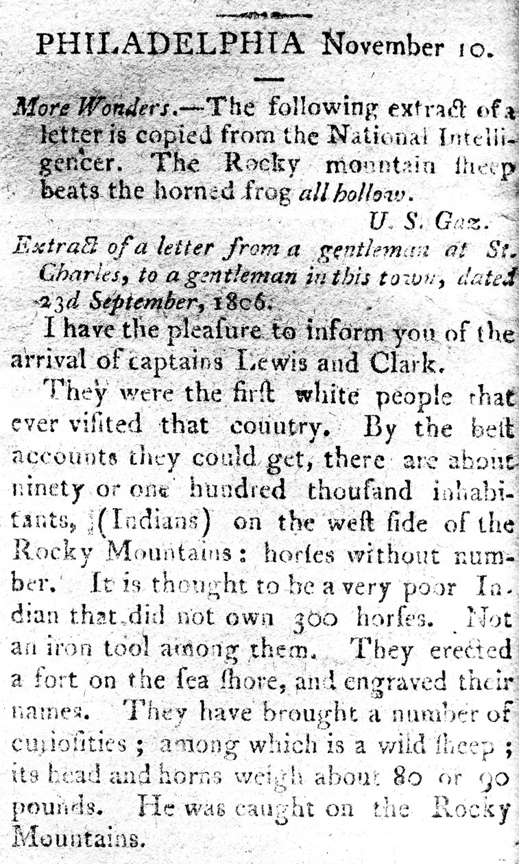 Brev, der annoncerer ankomsten af kaptajnerne Lewis og Clark, fra The Boston Intelligencer, 19. november 1806 (print) af American School