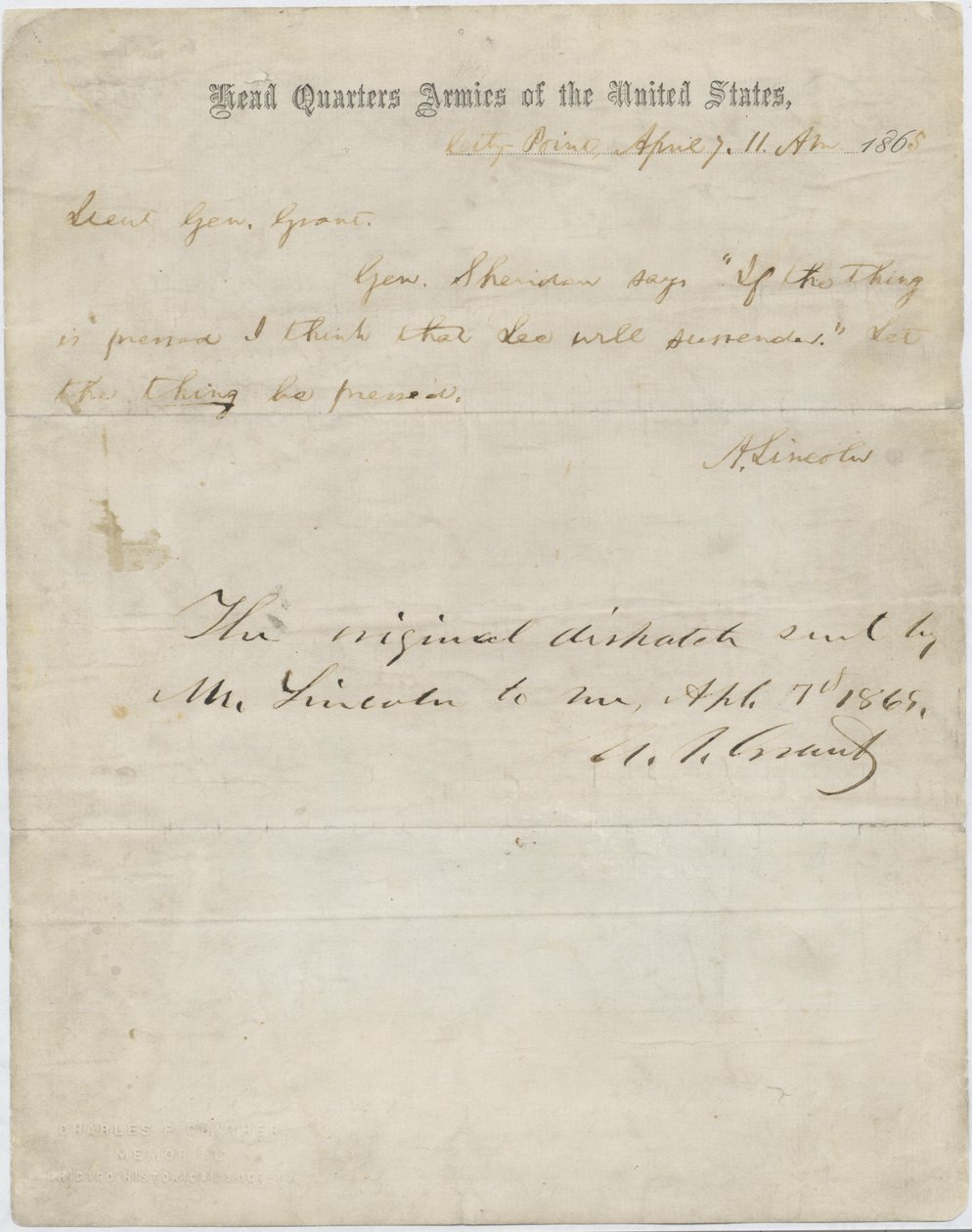 Brev fra Abraham Lincoln til general Ulysses S. Grant, 7. april 1865 af American School