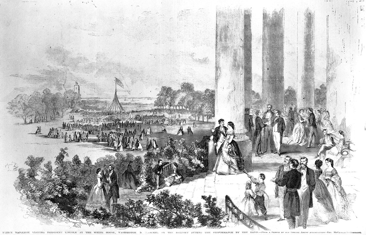 Lincolns reception i Det Hvide Hus for kejser Napoleon (1808-73) fra Frank Leslies Illustrated Newspaper 17. august 1861 af American School