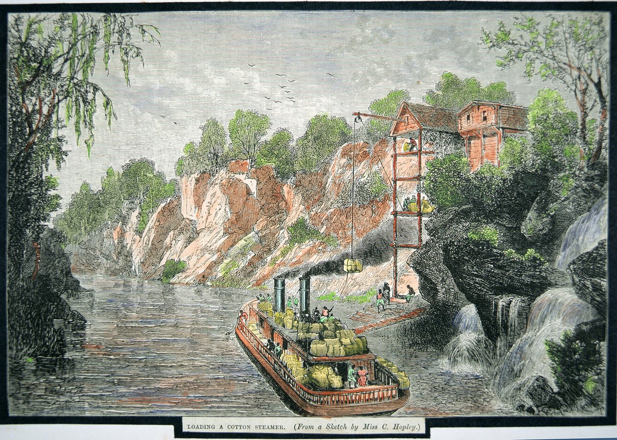 Dampskibet lastes med bomuldsballer fra en plantage, ca. 1860 (farvet stik) af American School