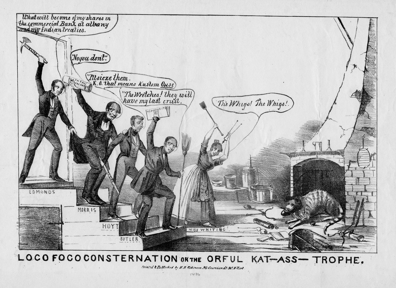 Loco Foco-konsternation, eller, The orful kat-asstrophe, udgivet af H R Robinson, New York, ca. 1838 af American School