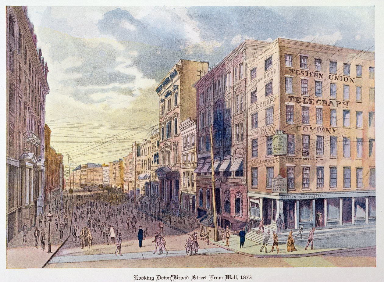 Ser ned ad Broad Street fra Wall i 1873, illustration fra Old New York, i går og i dag af Henry Collins Brown, 1922 af American School