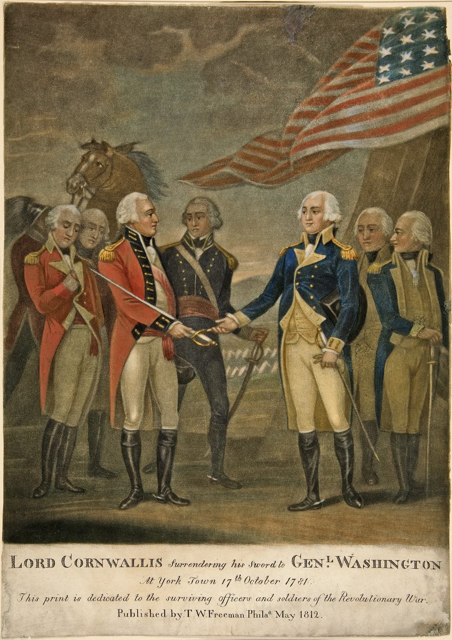 Lord Cornwallis overgiver sit sværd til genl. Washington i York Town af American School