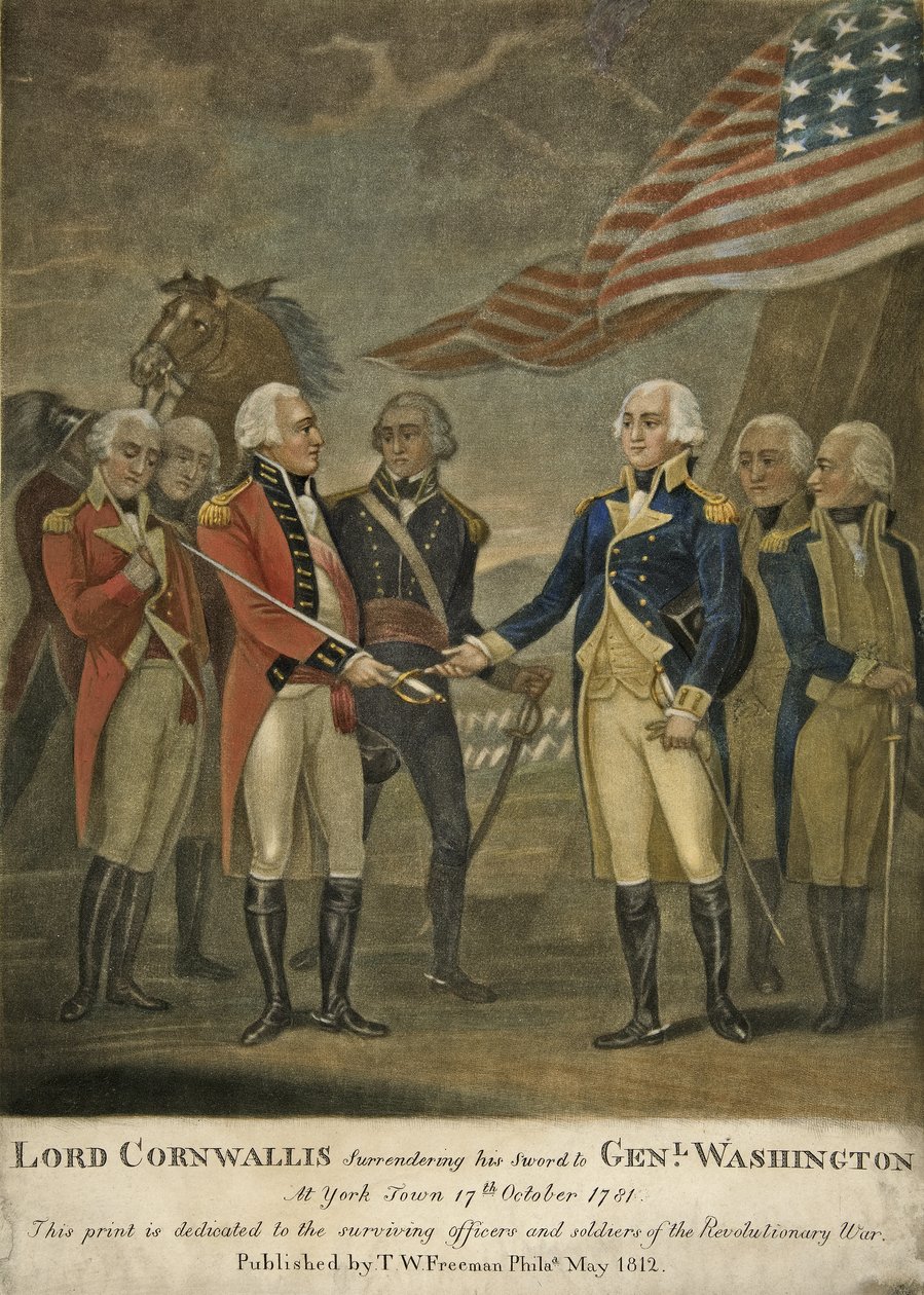 Lord Cornwallis overgiver sit sværd til genl. Washington i York Town af American School
