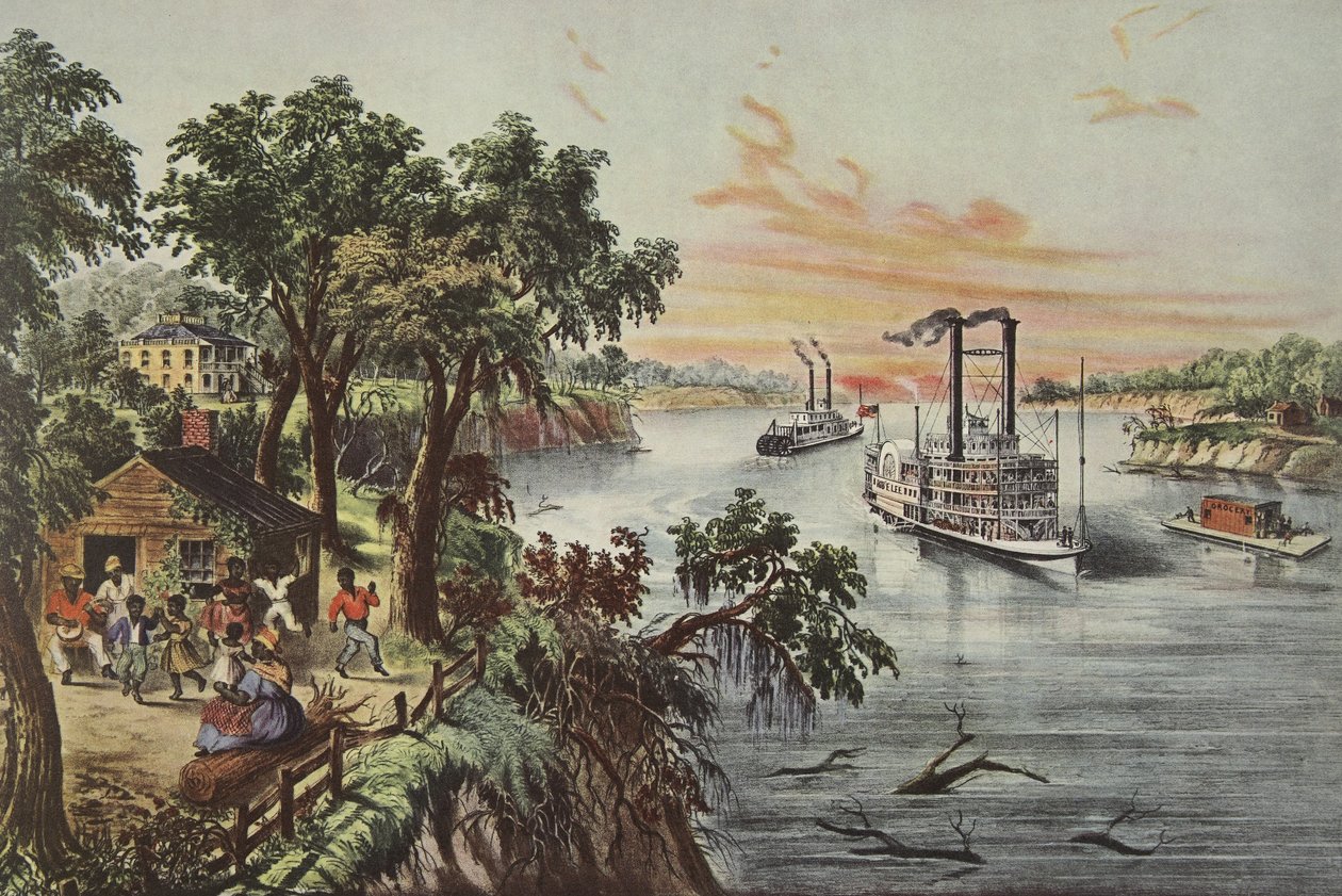 Lavvande i Mississippi, pub. 1868, Currier & Ives (farve litho) af American School