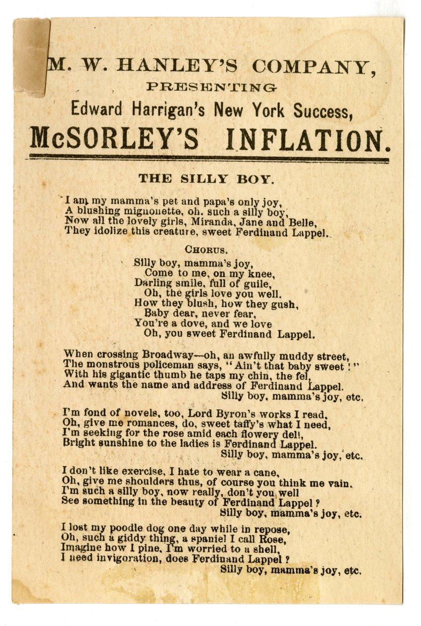 M.W. Hanleys Col præsenterer Edward Harrigans seneste N.Y. Success, McSorleys Inflation [teaterkort]. Verso, ca. 1882 (litografi [fartkort]) af American School