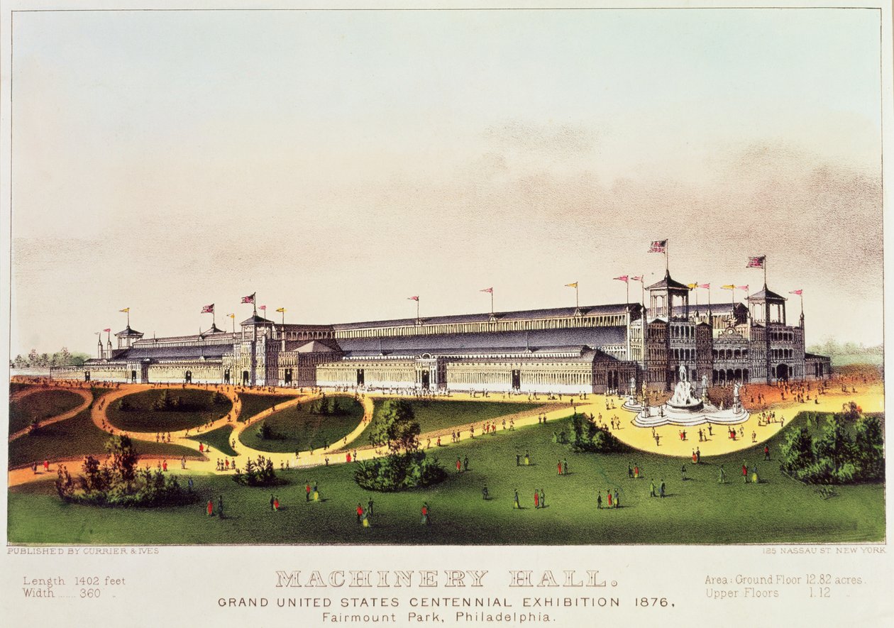 Machinery Hall, Grand United States Centennial Exhibition, Fairmount Park, udgivet af Nathaniel Currier (1813-88) og James Merritt Ives (1824-95), 1876 af American School