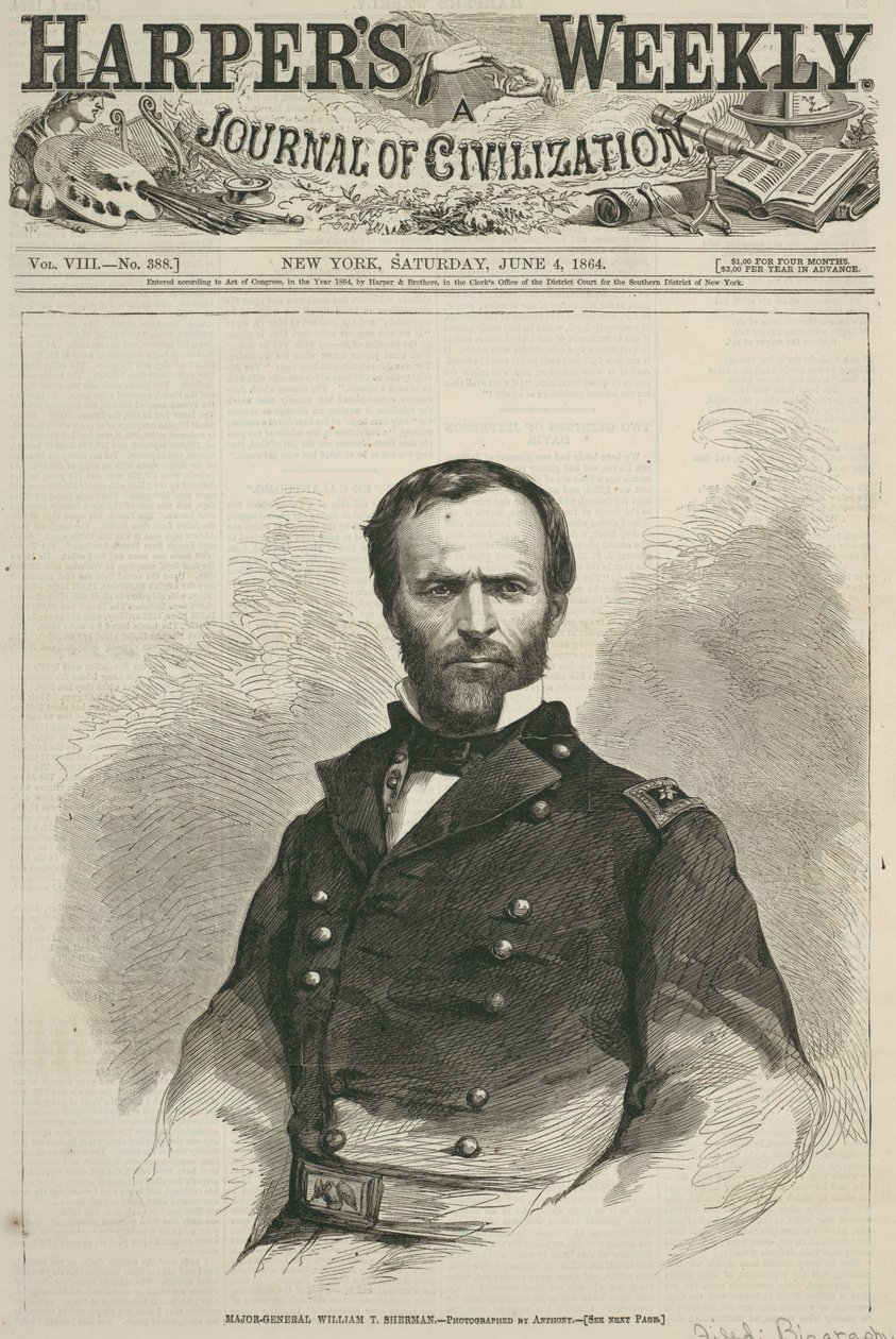 Generalmajor William T. Sherman, forsiden af Harpers Weekly, 1864 (trægravering) af American School