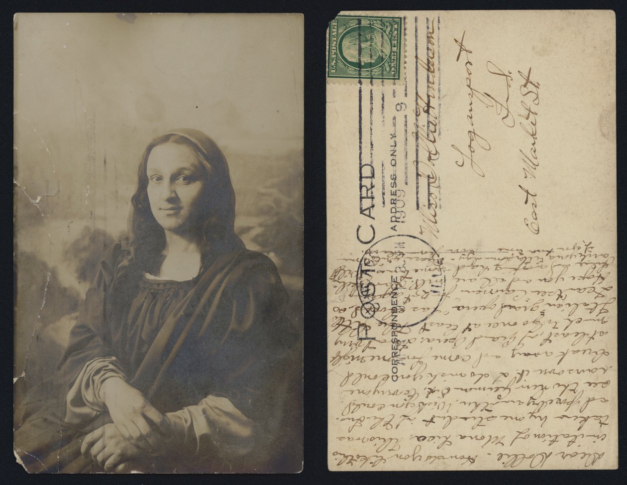 Mandligt Mona Lisa-postkort sendt i USA af American School