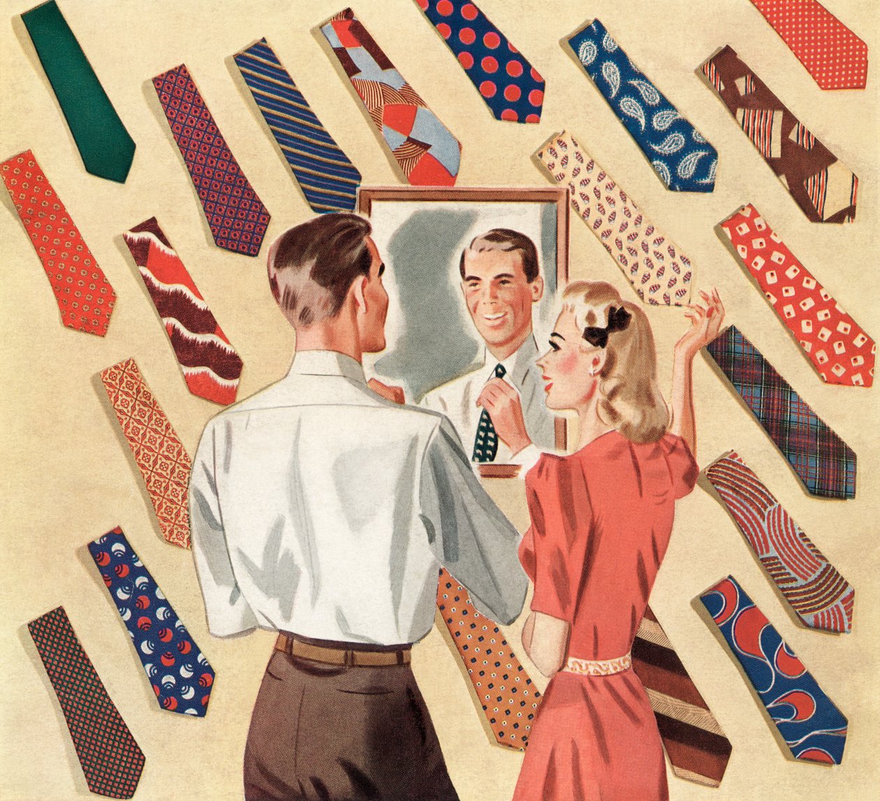 Mand retter sit slips i spejlet midt i en udstilling af mange mænds slips af American School