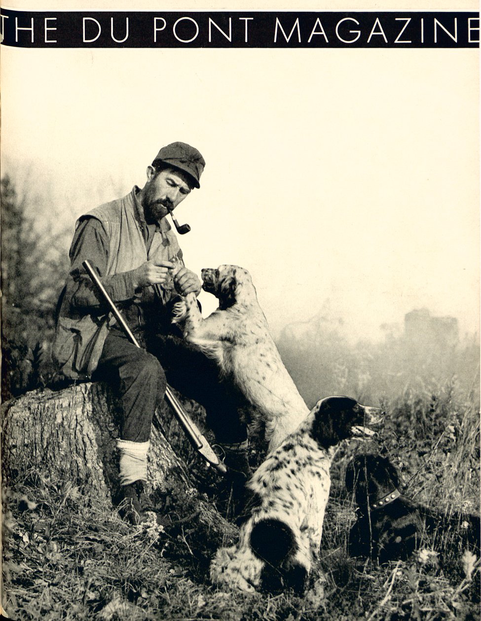 Mand med jagthunde, forside af DuPont Magazine, november 1934 af American School
