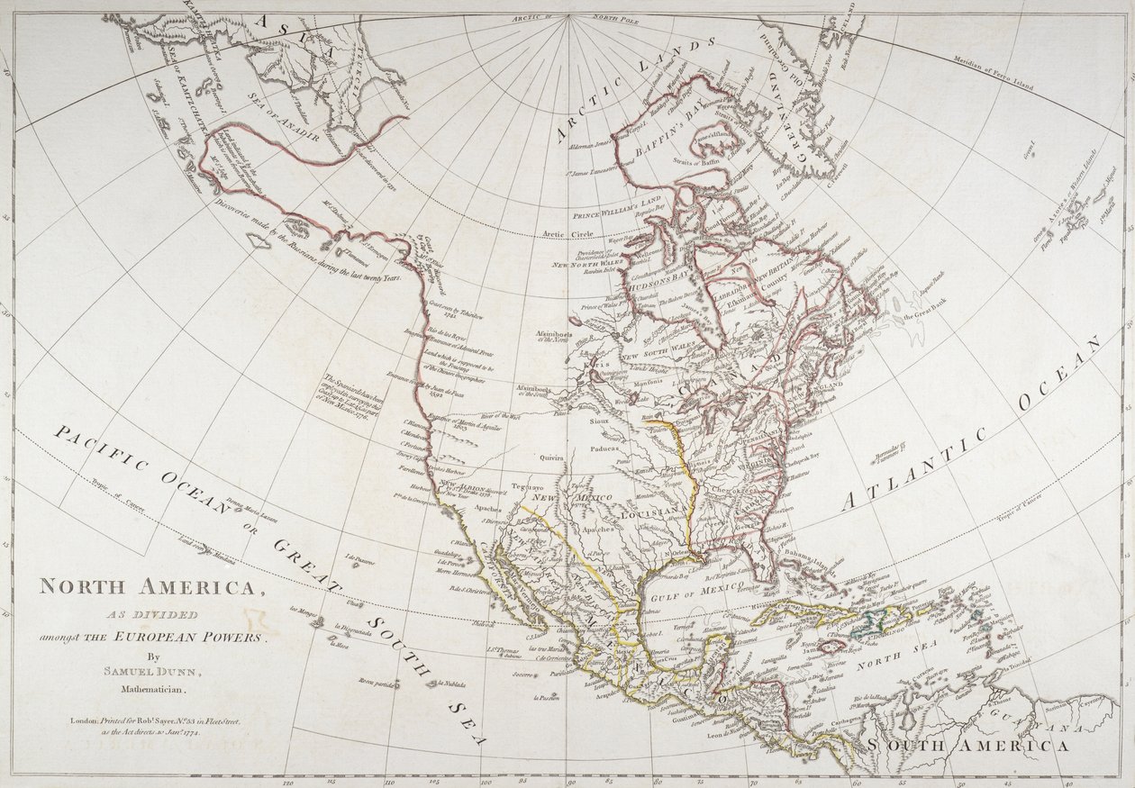 Kort, der viser Nordamerika som delt af de europæiske magter, 1774 af American School