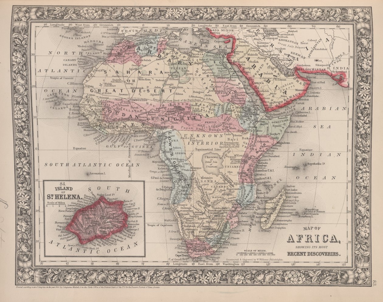 Kort over Afrika, der viser dets seneste opdagelser med øen St. Helena indsat fra Mitchells nye generelle atlas, 1863 (farvegravering) af American School