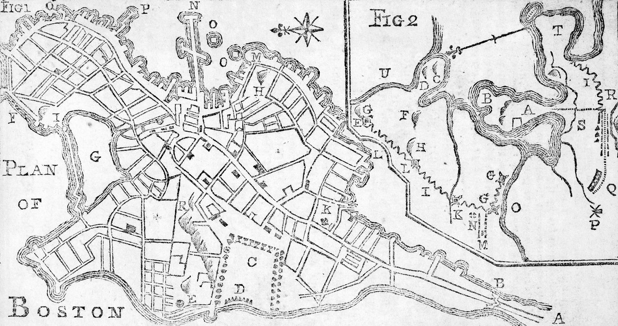 Kort over Boston, trykt i Bickerstaffs Albany Almanack, 1776 (tryk) af American School
