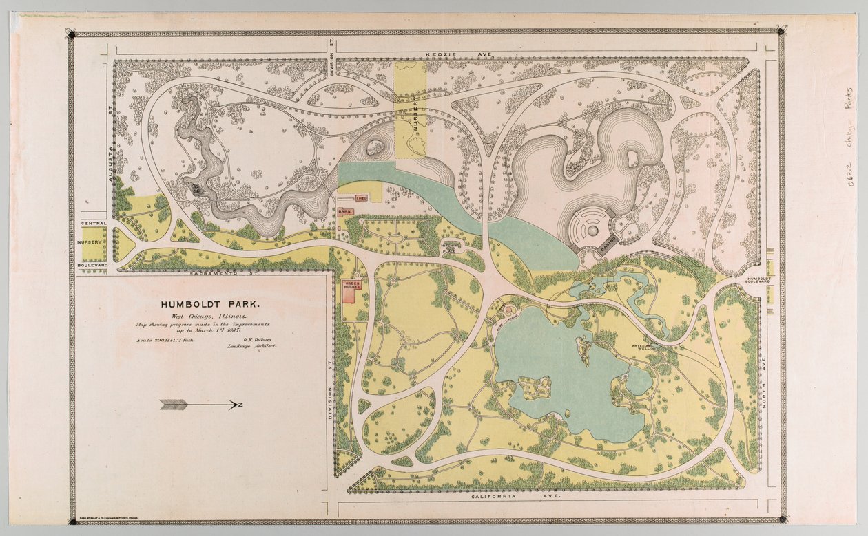 Kort over Humboldt Park, der viser parkforbedringer, Chicago, Illinois af American School