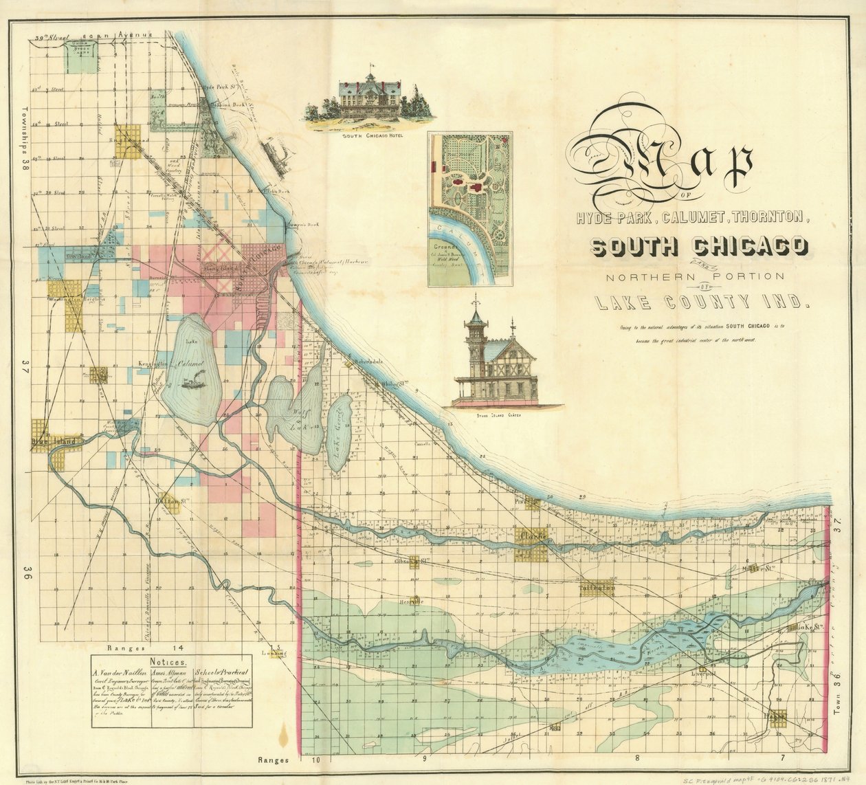 Kort over det sydlige Chicago, 1871 af American School