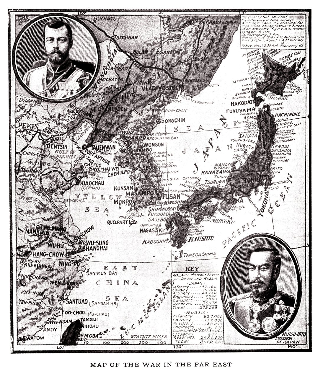 Kort over det østlige Rusland, Korea og Japan under den japansk-russiske konflikt (1904-1905). I medaljon, tsar Nikolaj II af Rusland (1868-1918) og kejser Meiji af Japan (1852-1912). Illustration, i "Rusland og Japan og en fuldstændig historie om krigen i af American School