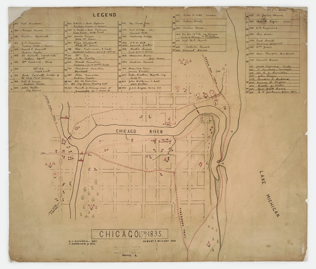 Kort over historiske huse og steder i Chicago, Illinois, ca. 1835 af American School