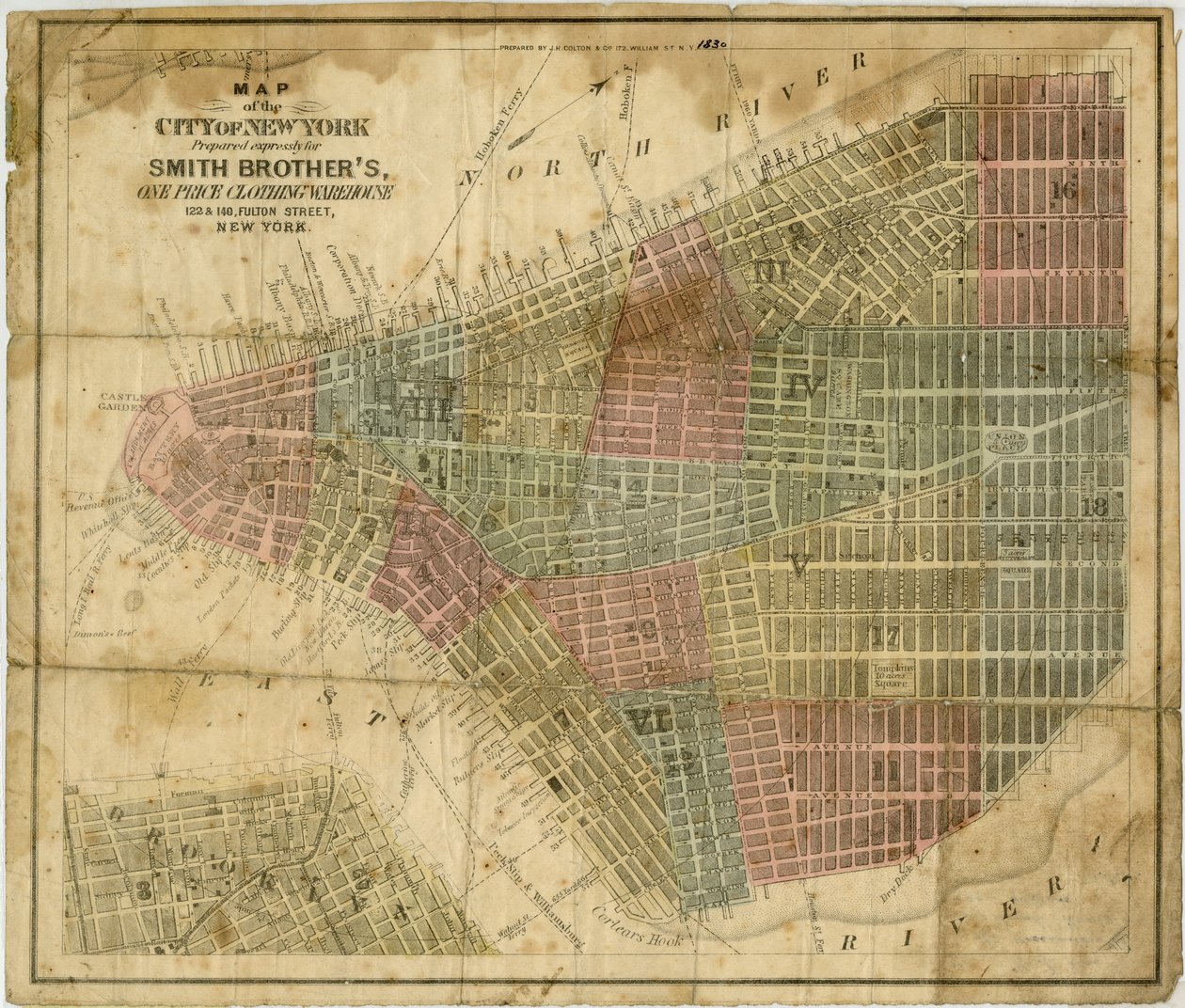 Kort over byen New York: udarbejdet eksklusivt til Smith Brothers, tøjlager til én pris... udarbejdet af J.H. Colton & Co., 1854-1869 (sort og farvet blæk på papir) af American School
