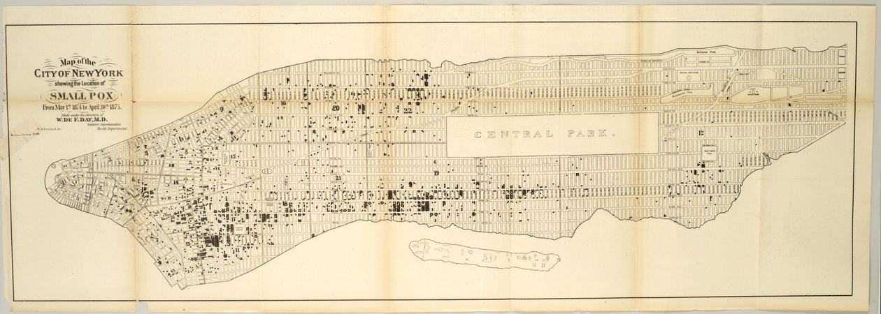 Kort over byen New York, der viser placeringen af kopper, fra 1. maj 1874 til 30. april 1875. af American School