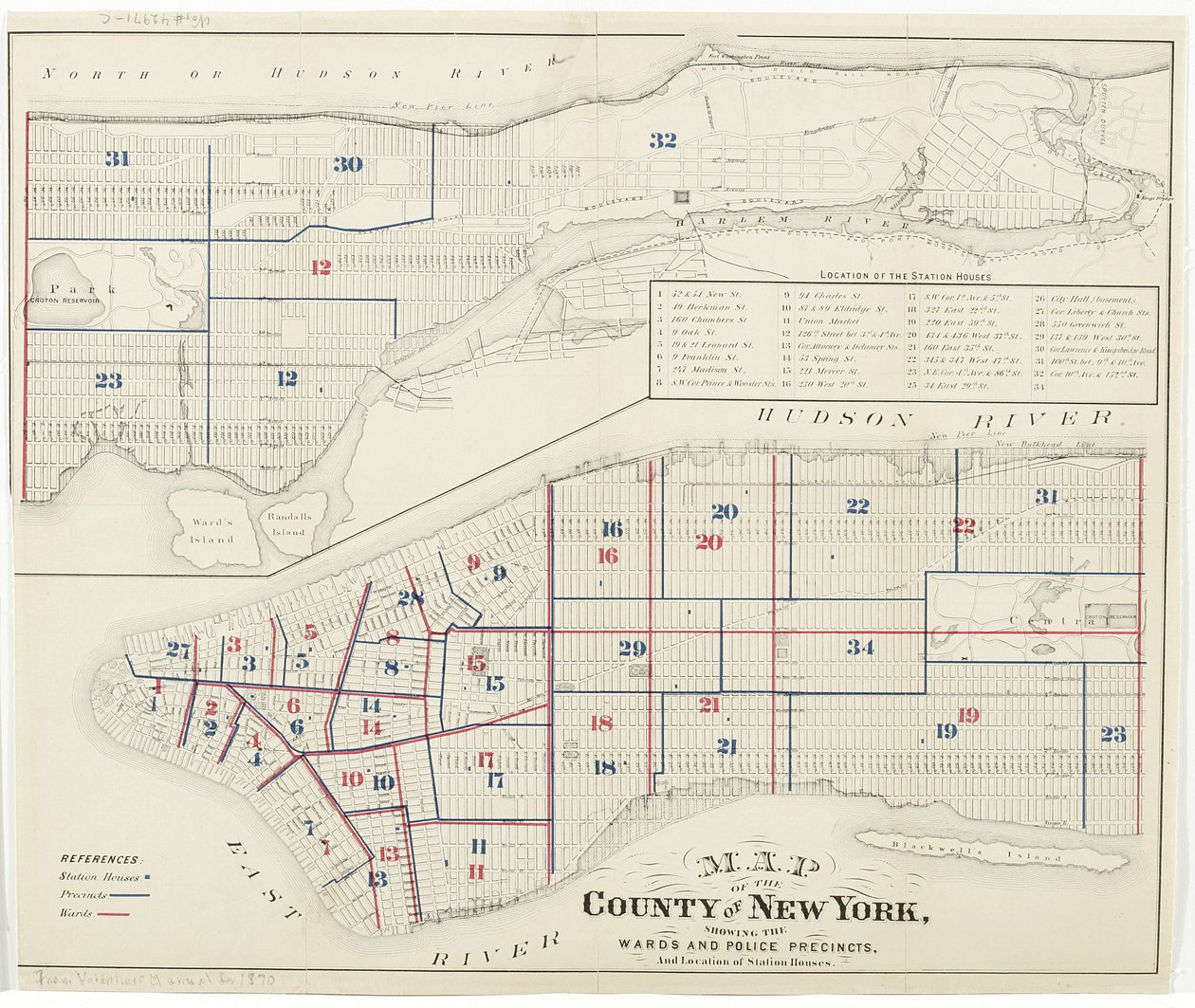 Kort over New Yorks amt, der viser afdelingerne og politidistrikterne og placeringen af stationshuse., 1870 (blæk på papir) af American School