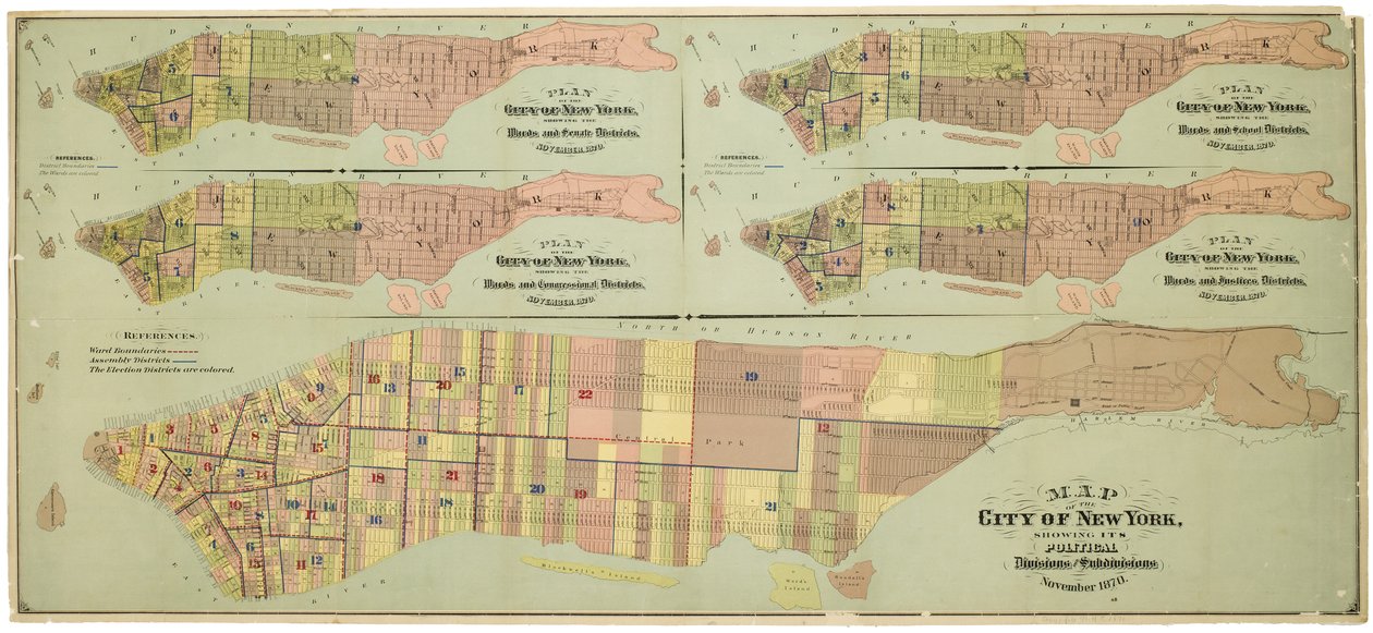 Kort over byen New York, der viser dens politiske opdelinger og underafdelinger af American School
