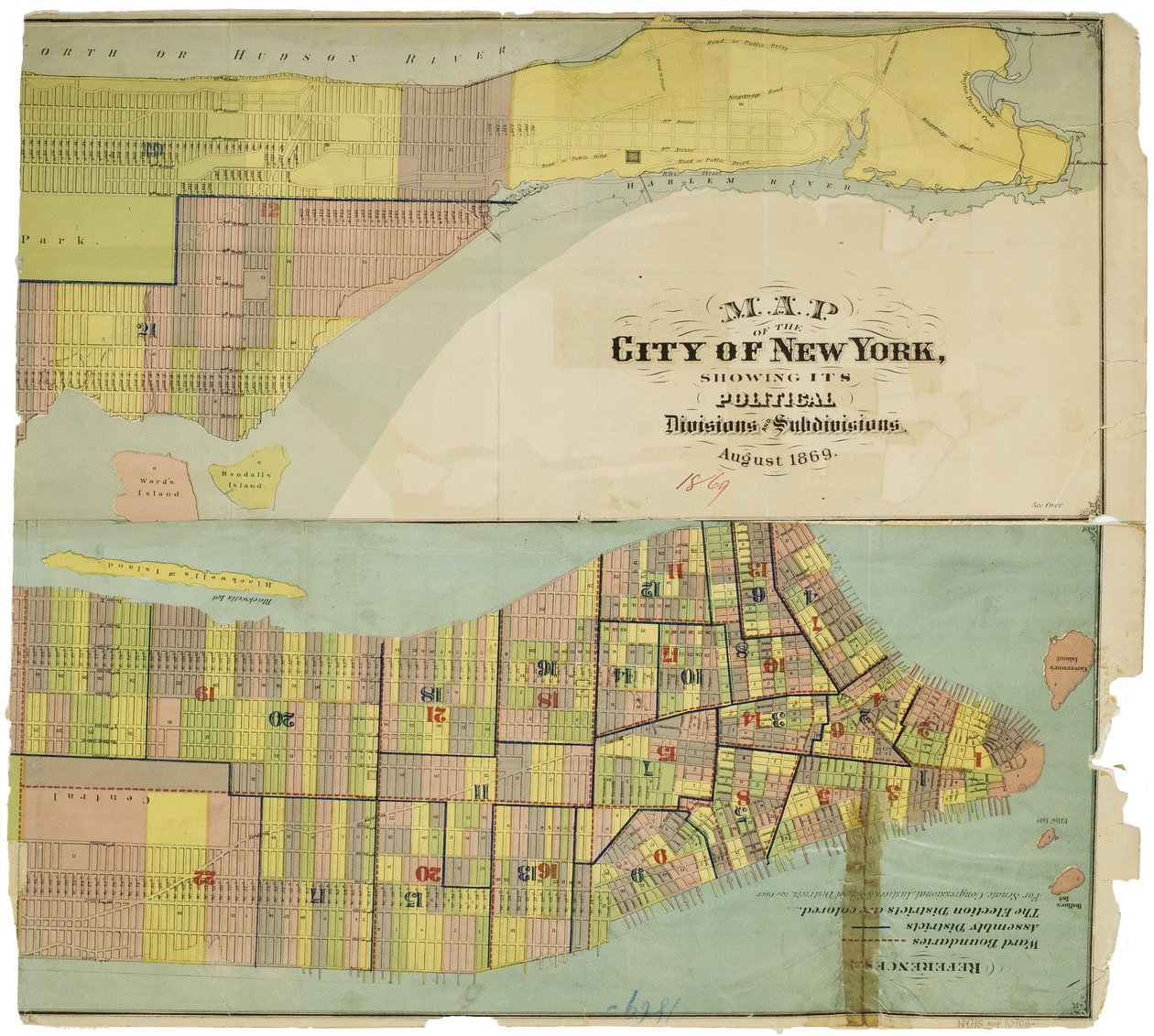 Kort over byen New York, der viser dens politiske opdelinger og underafdelinger af American School