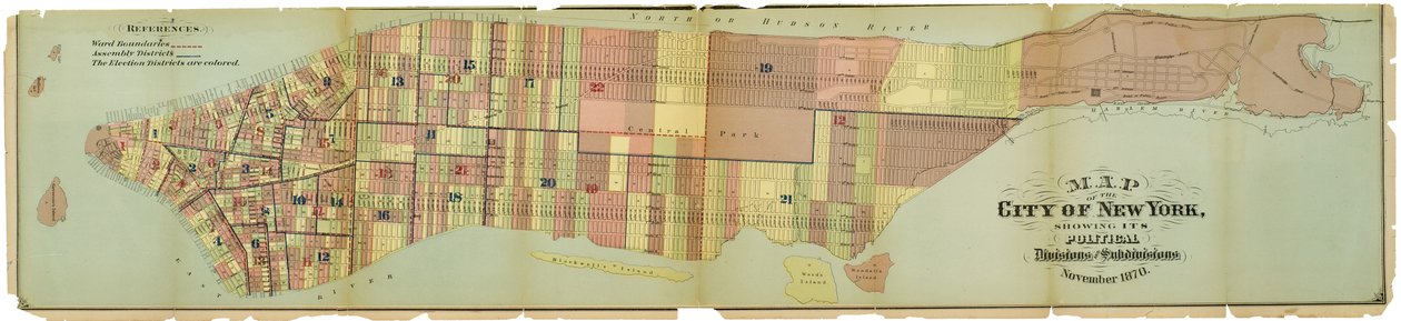 Kort over byen New York, der viser dens politiske opdelinger og underafdelinger af American School