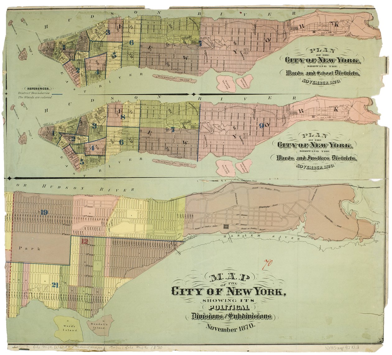 Kort over byen New York, der viser dens politiske opdelinger og underafdelinger af American School