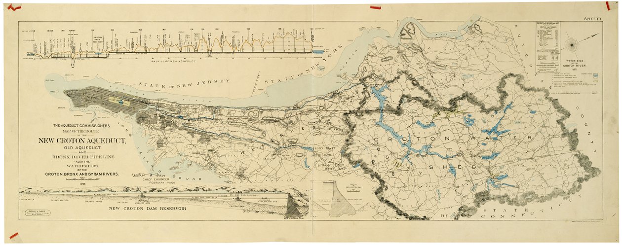 Map of the new Croton Aqueduct, old aqueduct and Bronx River pipeline also the watersheds of the Croton, Bronx af American School