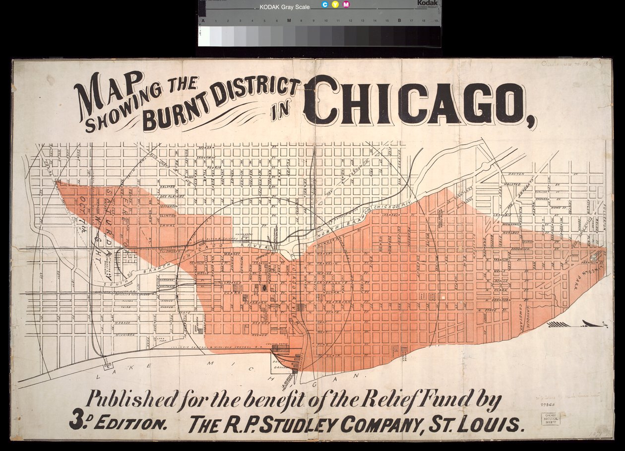 Kort, der viser det brændte distrikt i Chicago, ca. 1872 af American School
