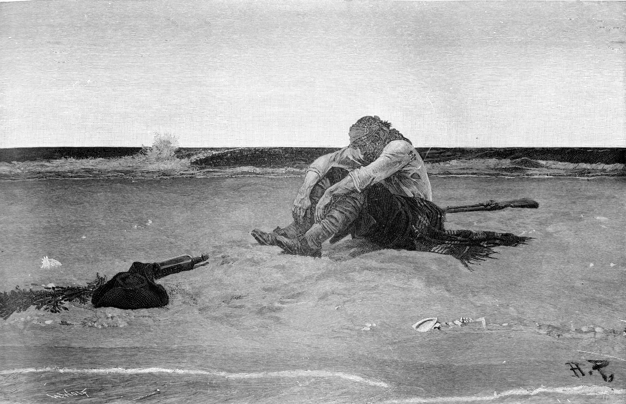 Marooned pirat efter "Buccaneers and Marooners of the Spanish Main" af Howard Pyle (1853 - 1911), amerikansk illustrator. Grisaille. 1887. af American School