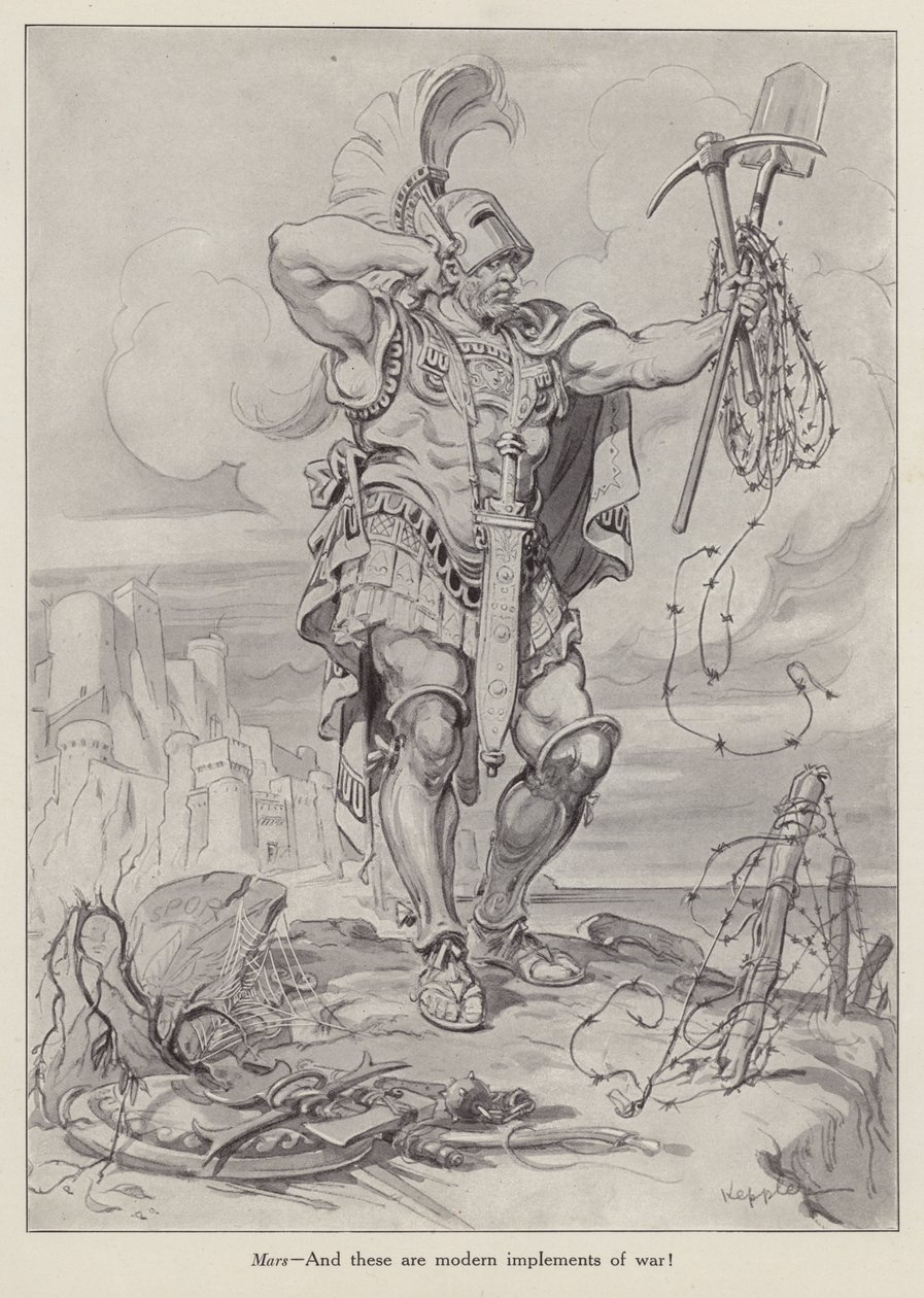 Mars, den romerske krigsgud, holder skovle og pigtråd, der bruges i skyttegravskrig (litografi) af American School