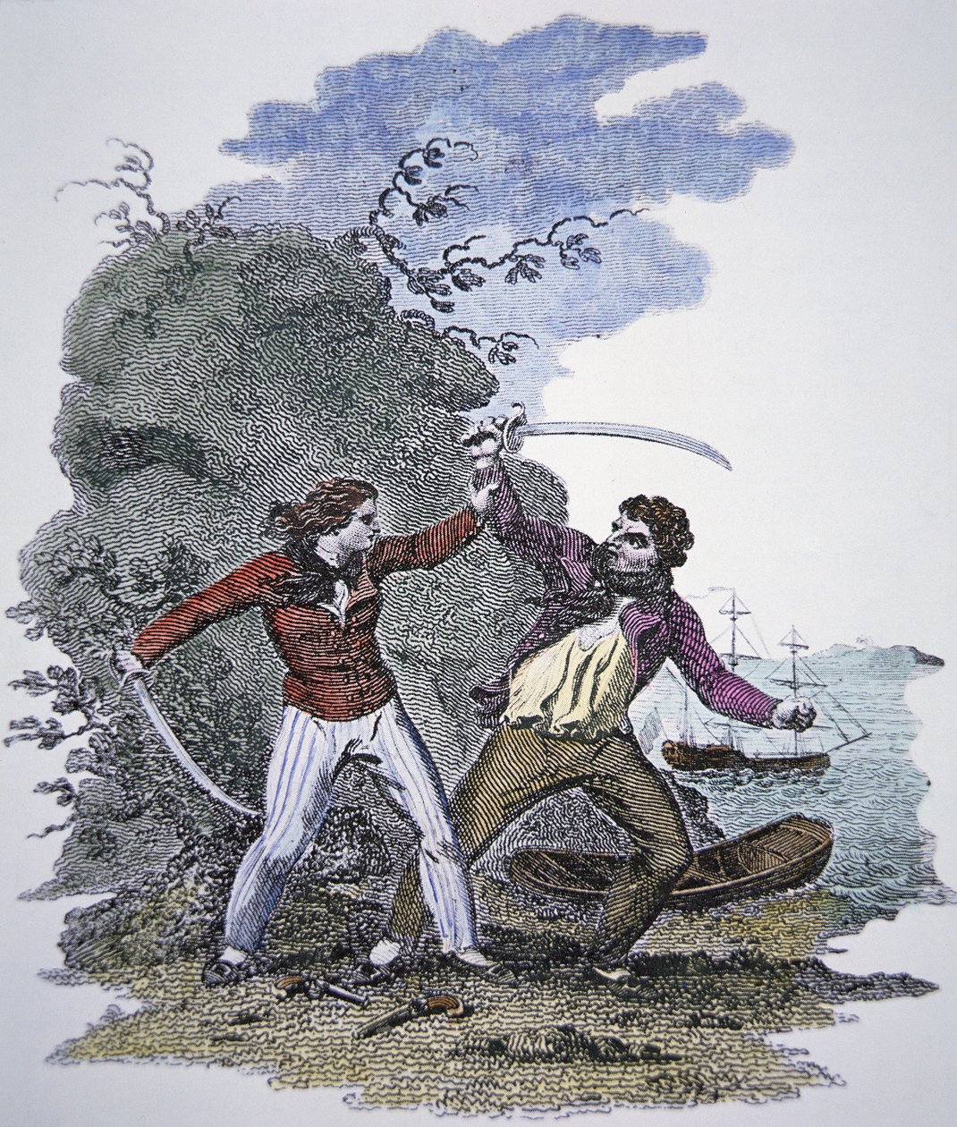 Mary Read kæmper mod en anden pirat for at redde sin mandlige elskers liv (farvet indgravering) af American School
