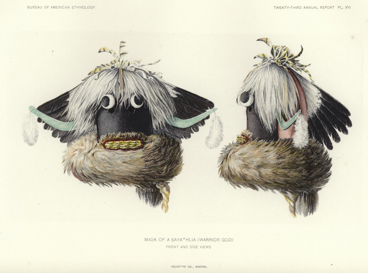 Maske af A Sayathlia (krigergud) - set forfra og fra siden (farvelitografi) af American School